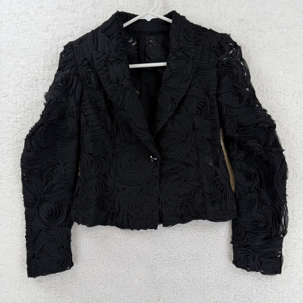Zara Blazer Womens XS Black Sheer Rosette Floral Ruffle Party‎ Formal Jacket